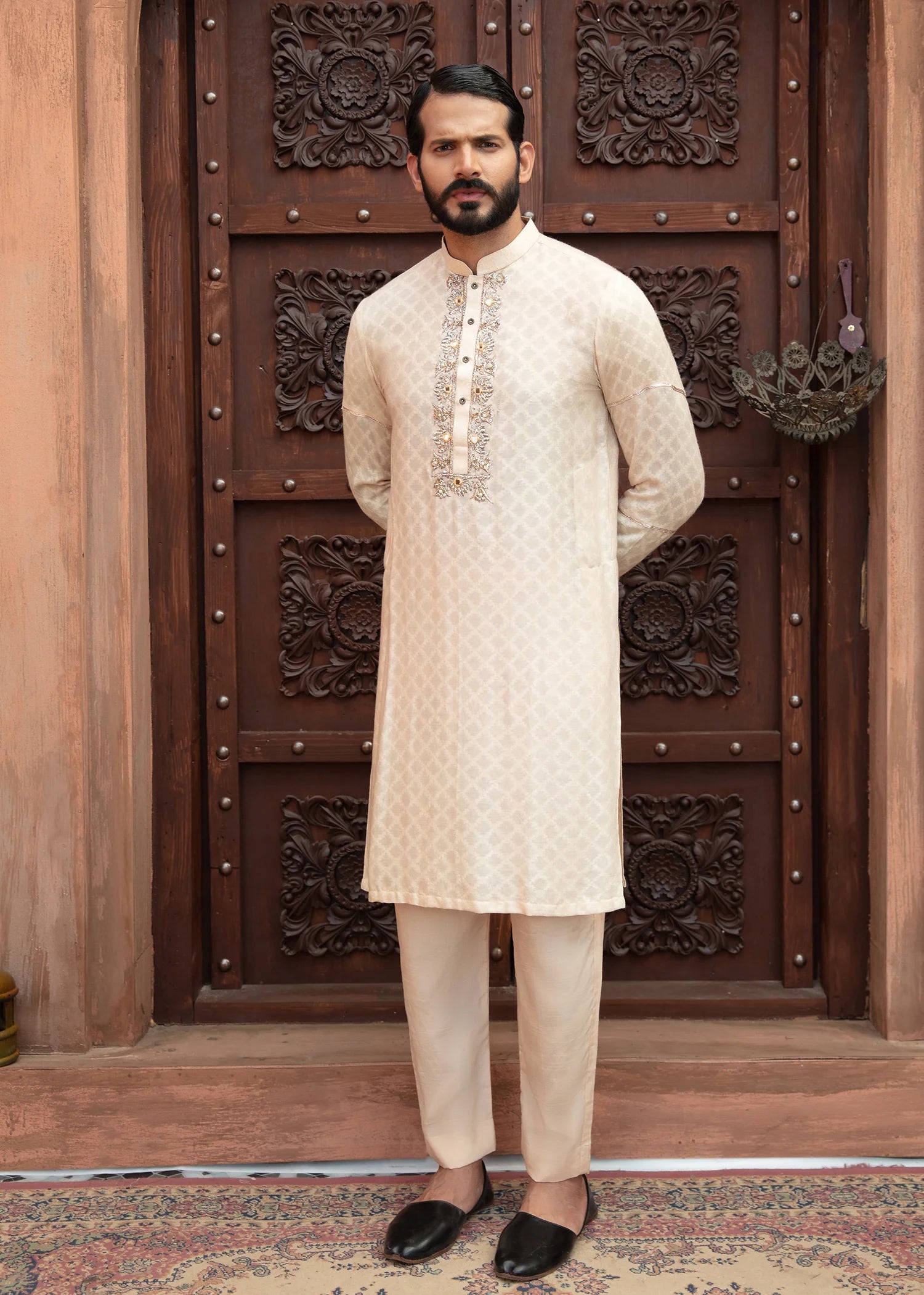 Ivory Embroidered Jacquard Kurta (2-Piece) - Image 5