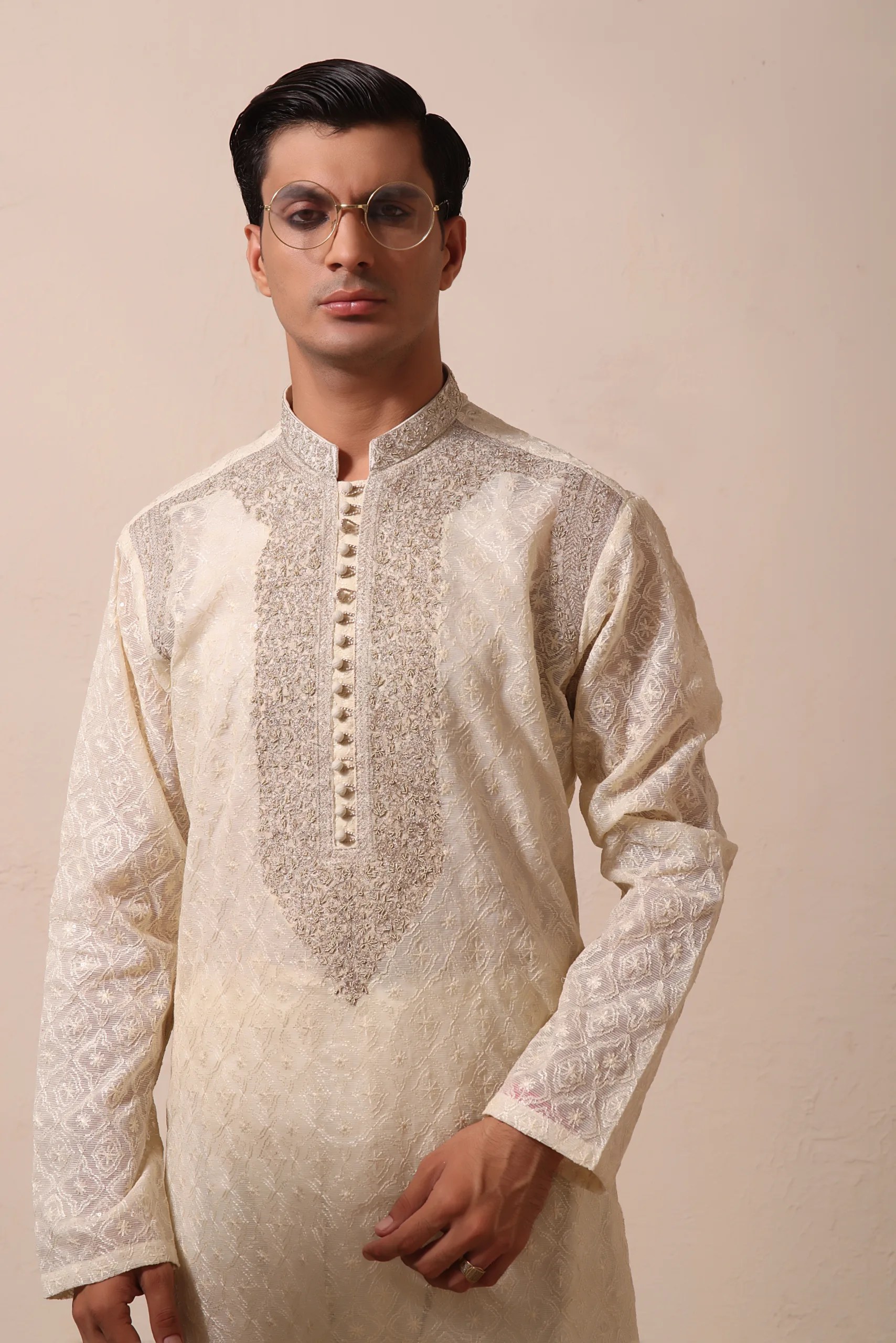 Off-White Embroidered Jacquard Men’s Kurta (2-Piece) - Image 1