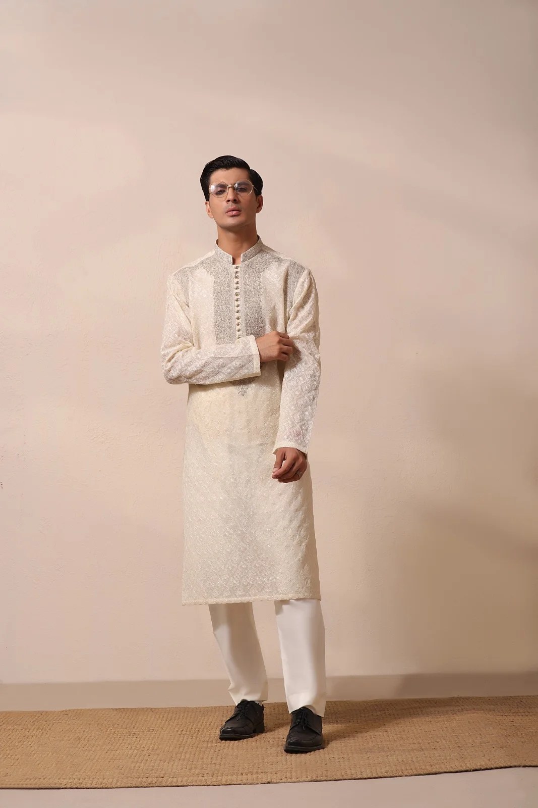 Off-White Embroidered Jacquard Men’s Kurta (2-Piece) - Image 2