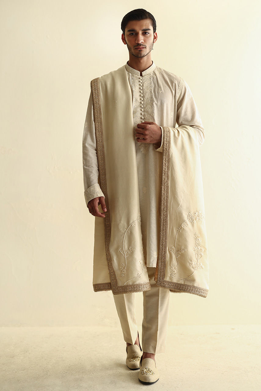 Ivory Embroidered Karandi Kurta with Jamawar Shawl (3-Piece) - Image 1