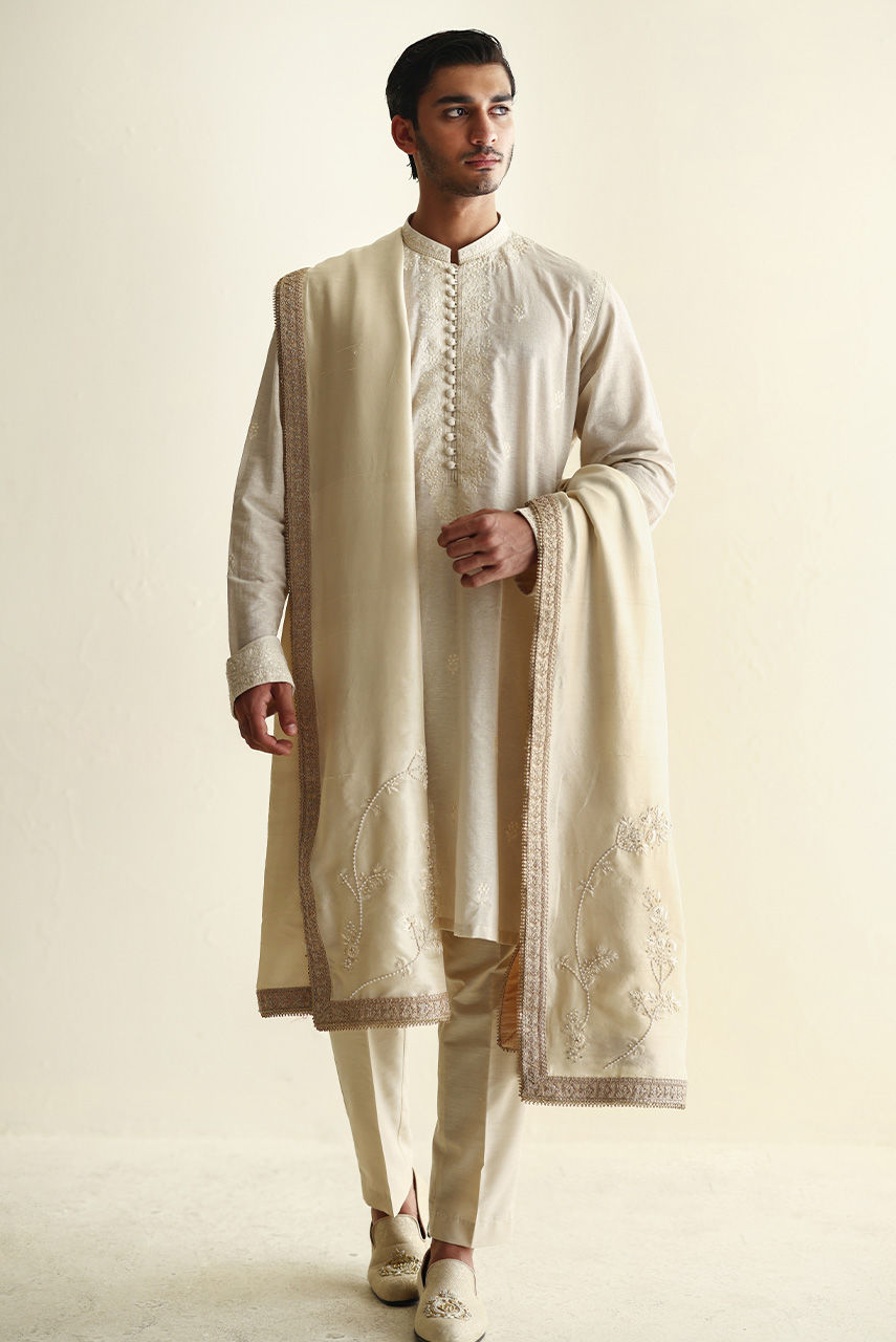 Ivory Embroidered Karandi Kurta with Jamawar Shawl (3-Piece) - Image 2