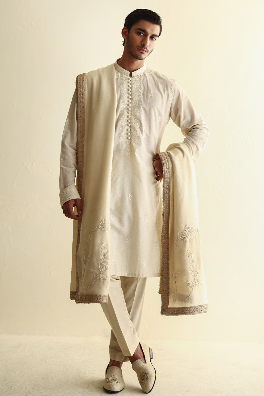 Ivory Embroidered Karandi Kurta with Jamawar Shawl (3-Piece) - Image 3