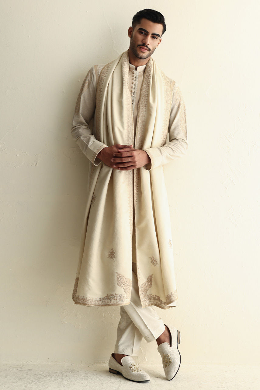 Ivory Embroidered Karandi Kurta with Jamawar Shawl (3-Piece) - Image 1