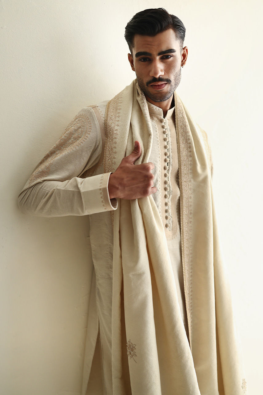 Ivory Embroidered Karandi Kurta with Jamawar Shawl (3-Piece) - Image 2