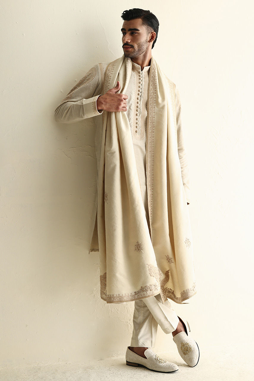 Ivory Embroidered Karandi Kurta with Jamawar Shawl (3-Piece) - Image 3