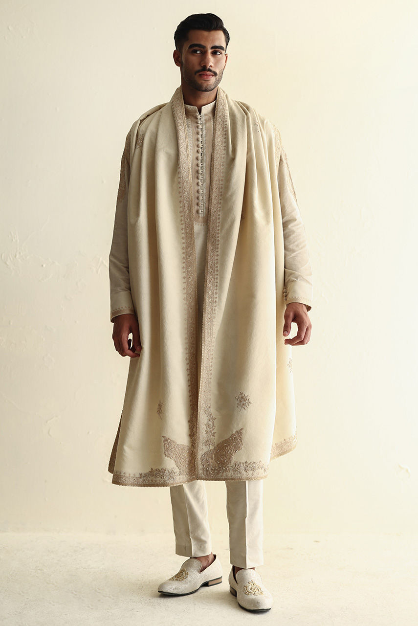 Ivory Embroidered Karandi Kurta with Jamawar Shawl (3-Piece) - Image 5