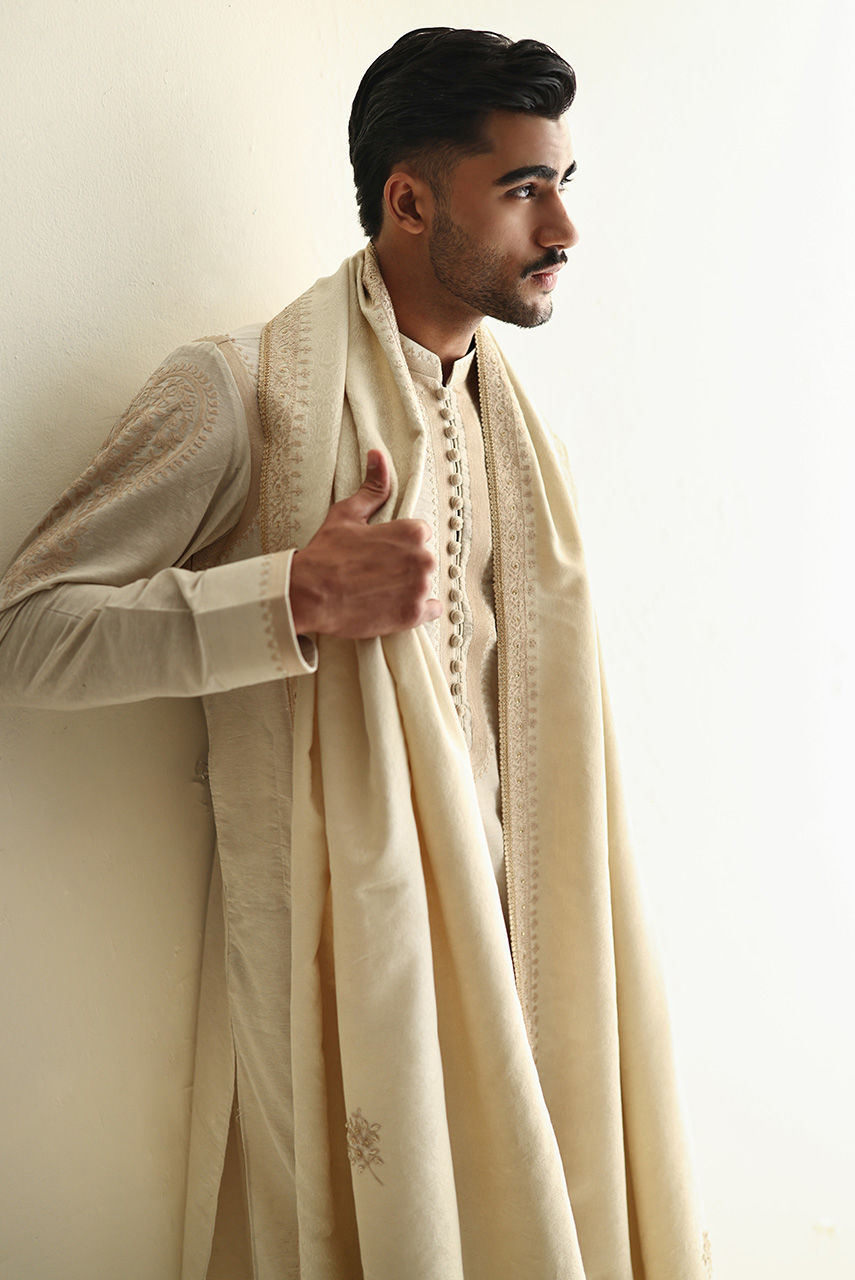 Ivory Embroidered Karandi Kurta with Jamawar Shawl (3-Piece) - Image 6