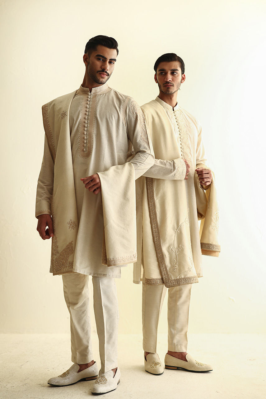 Ivory Embroidered Karandi Kurta with Jamawar Shawl (3-Piece) - Image 7