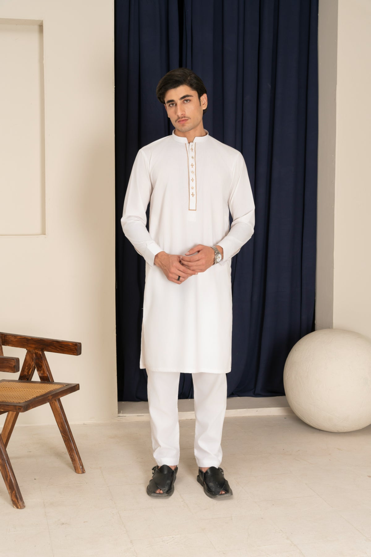 Cream Embroidered Blended Fabric Kurta Trouser Set (2-Piece) - Image 1