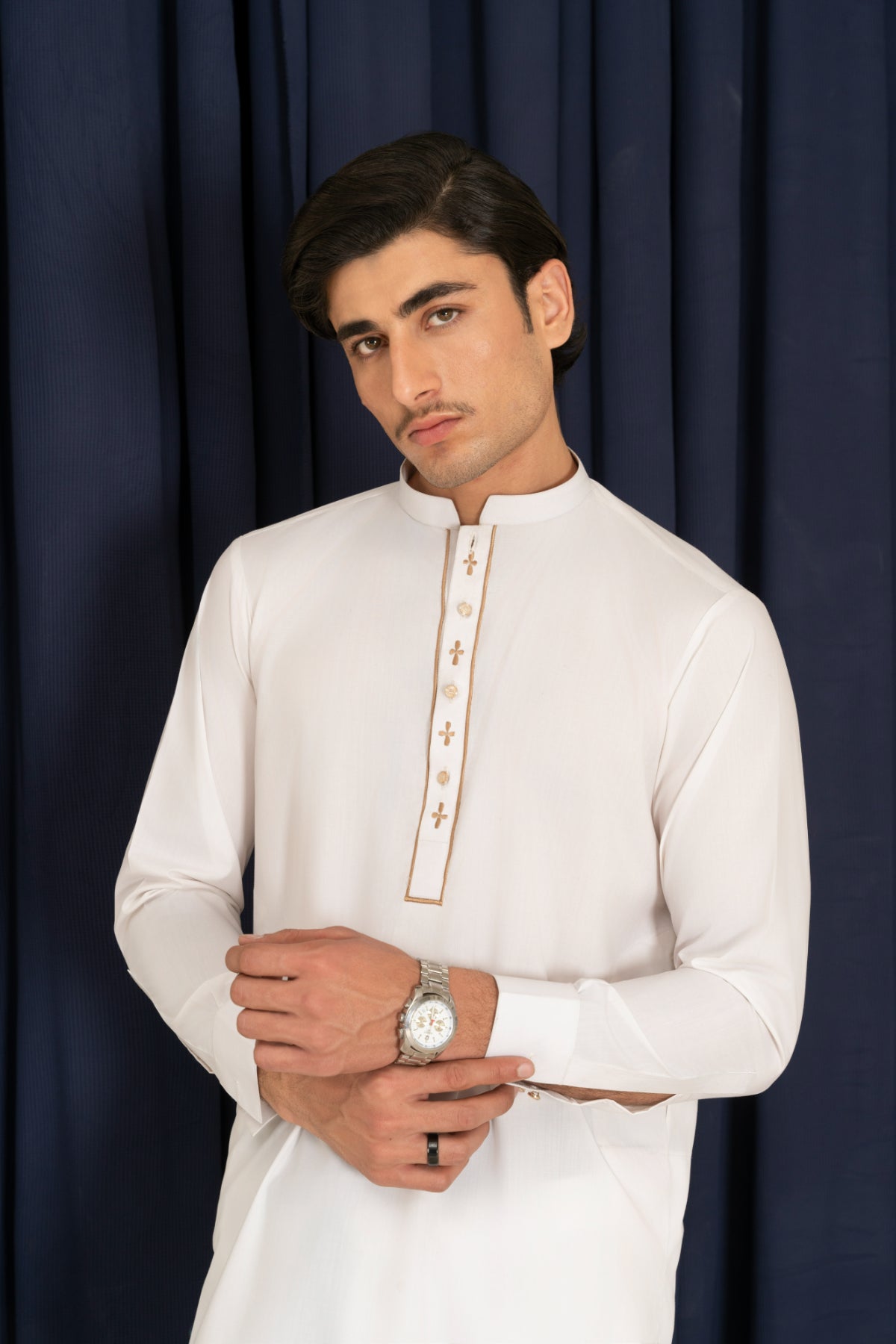 Cream Embroidered Blended Fabric Kurta Trouser Set (2-Piece) - Image 5