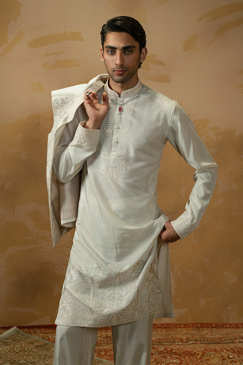 Ivory Embroidered Blended Silk Kurta Pajama (2-Piece) - Image 1