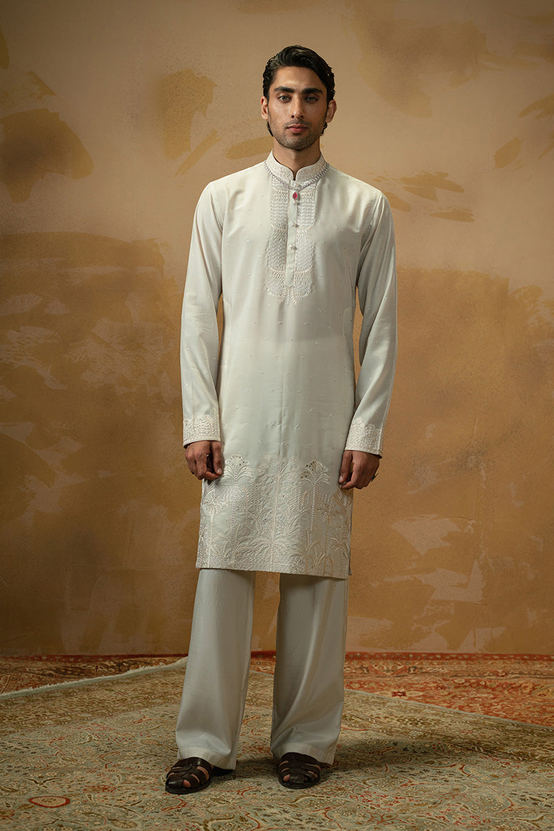 Ivory Embroidered Blended Silk Kurta Pajama (2-Piece) - Image 3