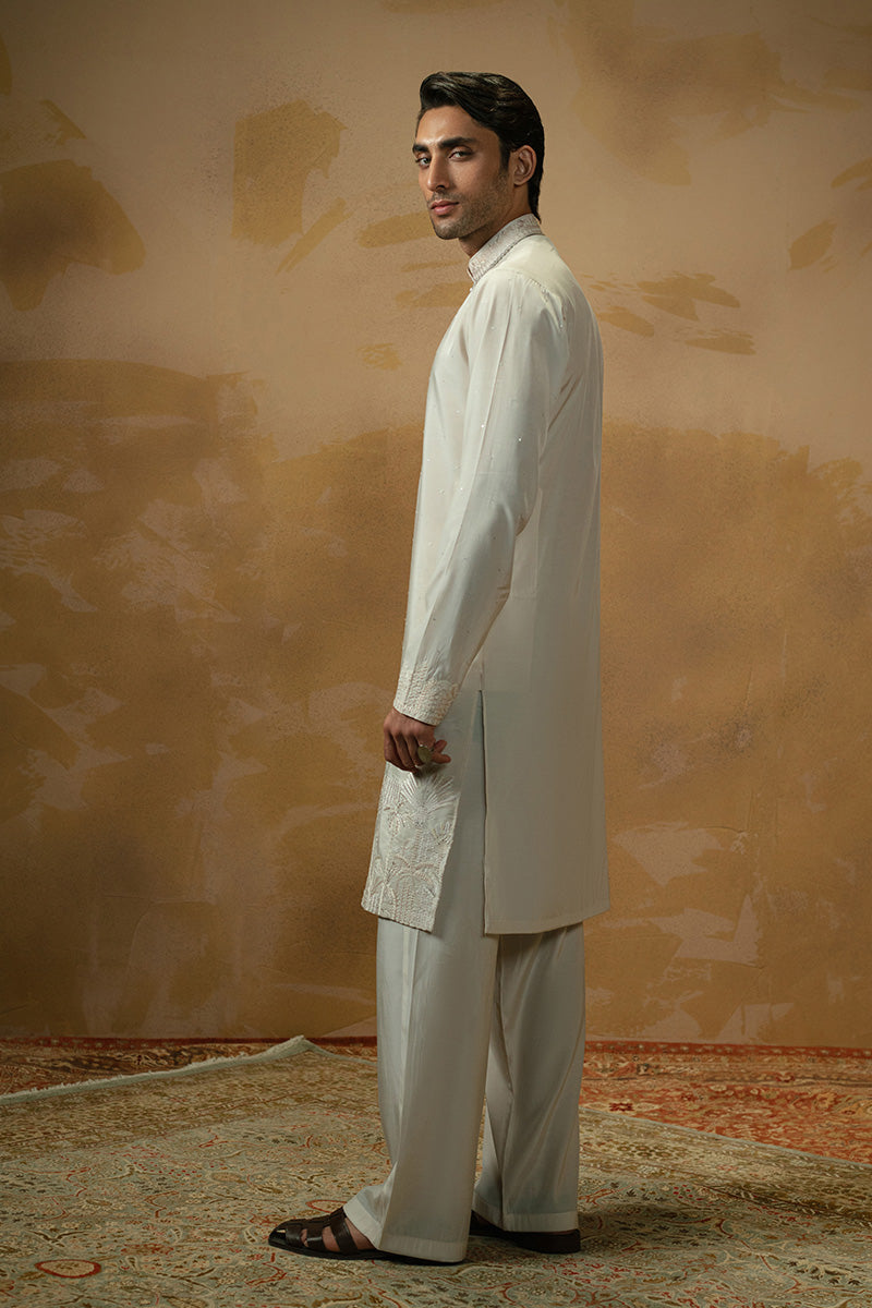 Ivory Embroidered Blended Silk Kurta Pajama (2-Piece) - Image 6