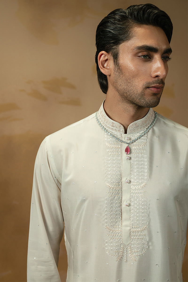 Ivory Embroidered Blended Silk Kurta Pajama (2-Piece) - Image 2