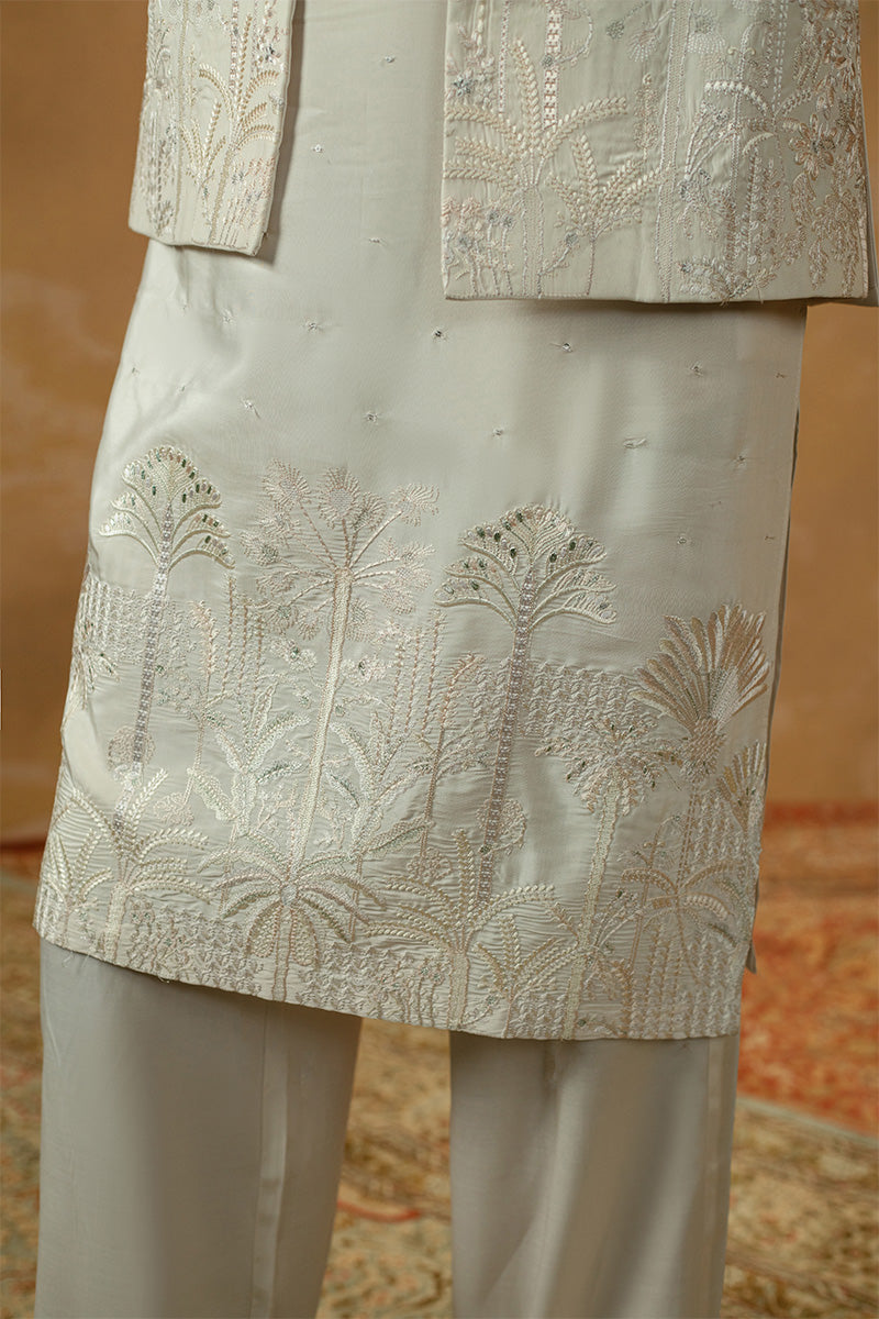 Ivory Embroidered Blended Silk Kurta Pajama (2-Piece) - Image 5