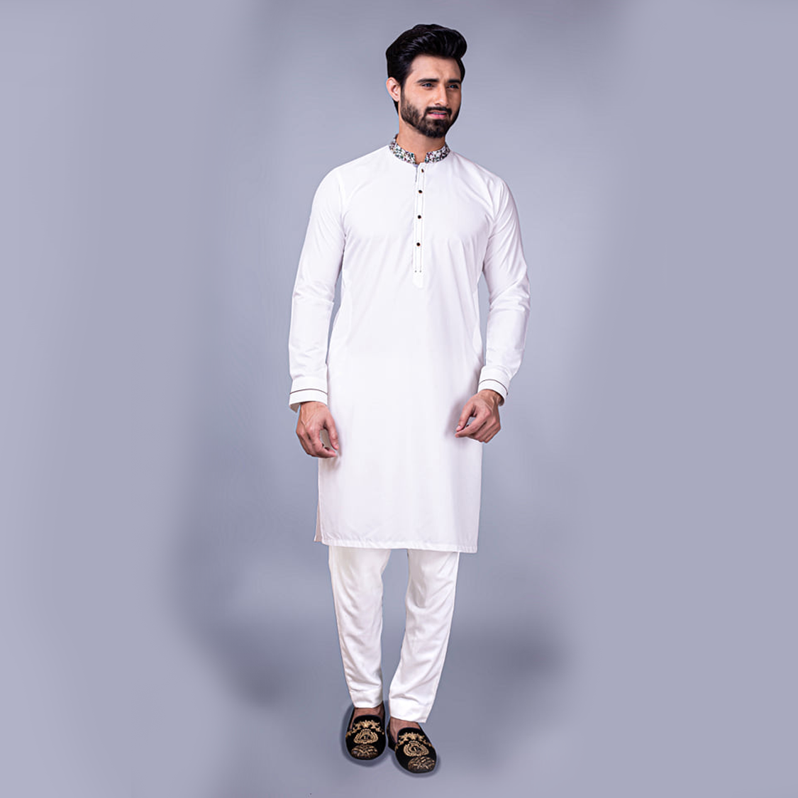 Off-White Embroidered Cotton Kurta Pajama (2-Piece) - Image 2