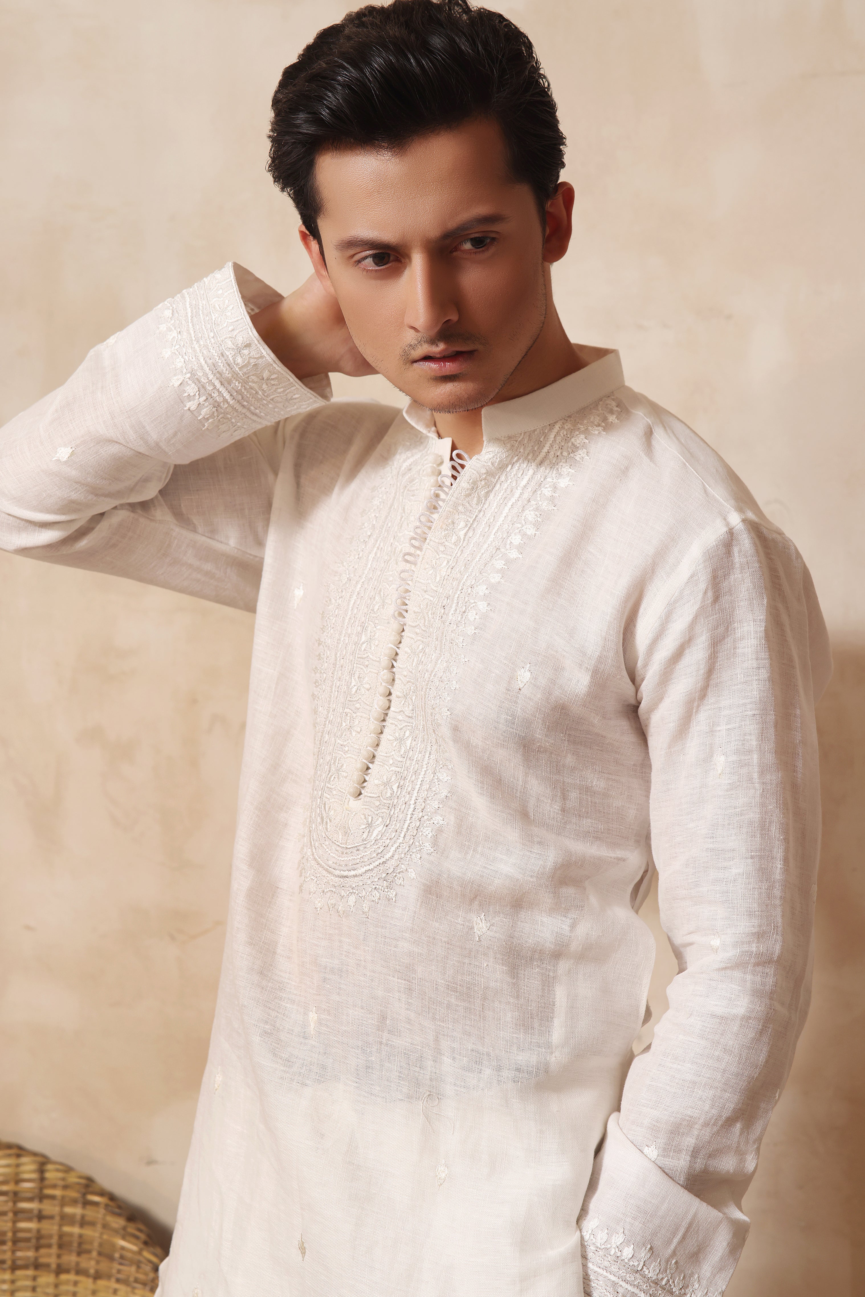 Off White Embroidered Cotton Irish Kurta Pajama (2-Piece) - Image 4