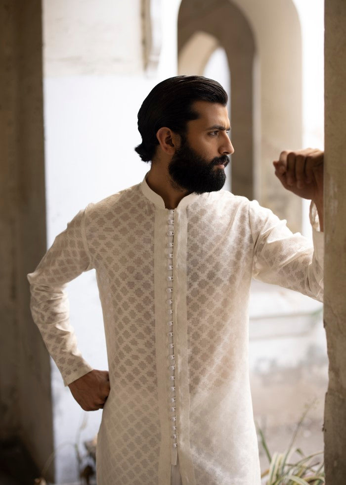 Ivory Cotton Net Kurta Pajama (2-Piece) - Image 1
