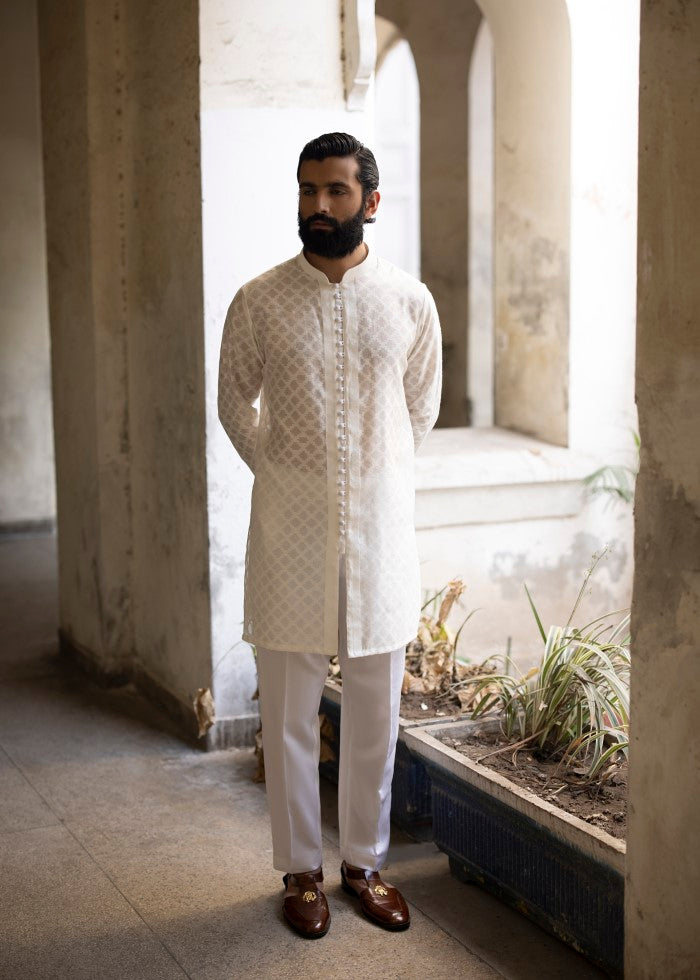 Ivory Cotton Net Kurta Pajama (2-Piece) - Image 2