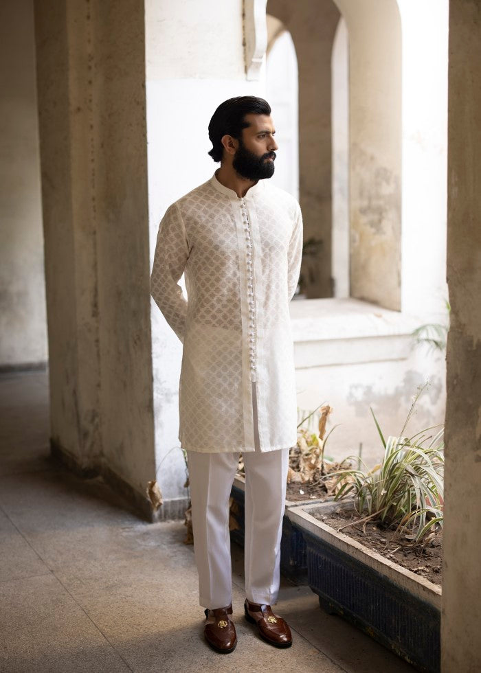 Ivory Cotton Net Kurta Pajama (2-Piece) - Image 3