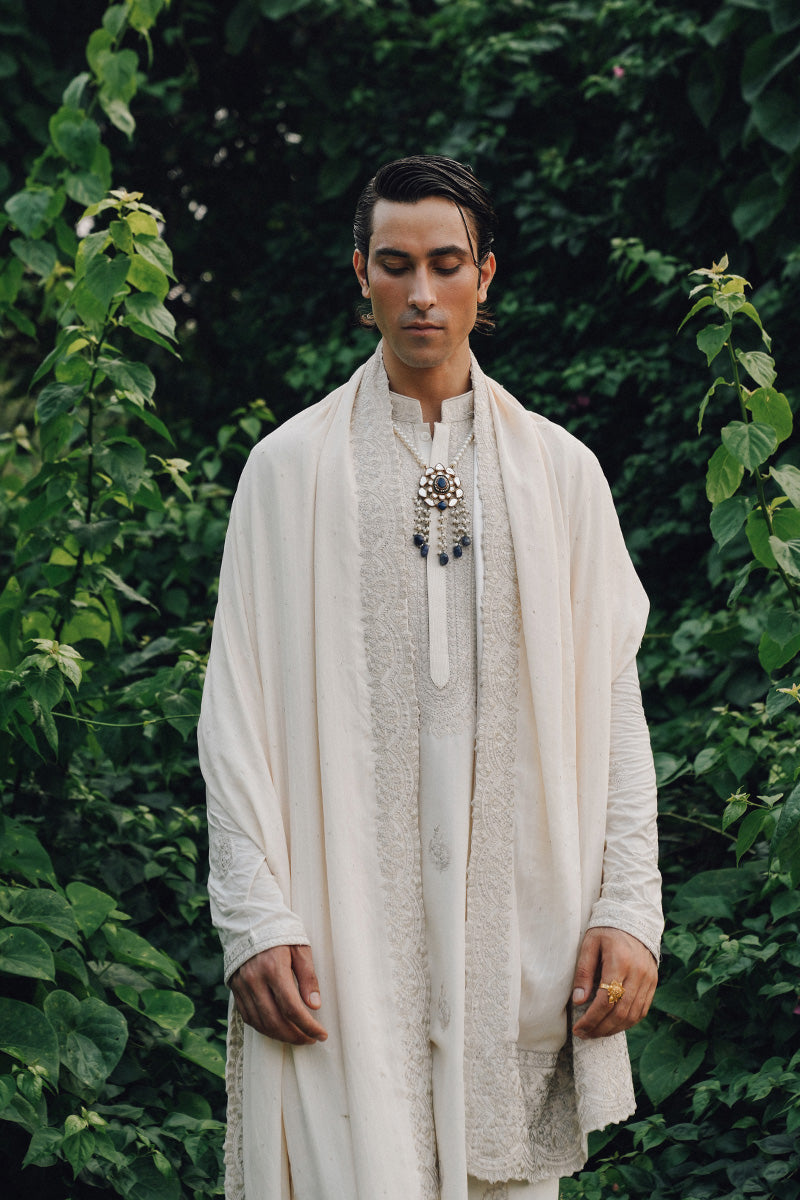 Ivory Embroidered Cotton Silk Kurta Pajama (3-Piece) - Image 1