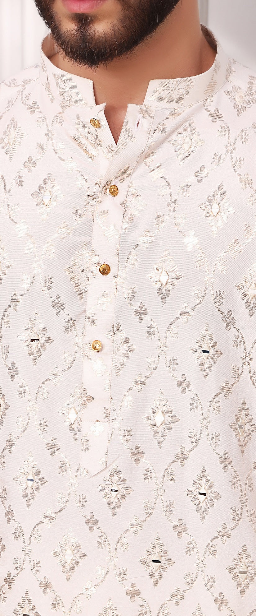 Ivory Mirror Embroidered Cotton Silk Kurta Pajama (2-Piece) - Image 5