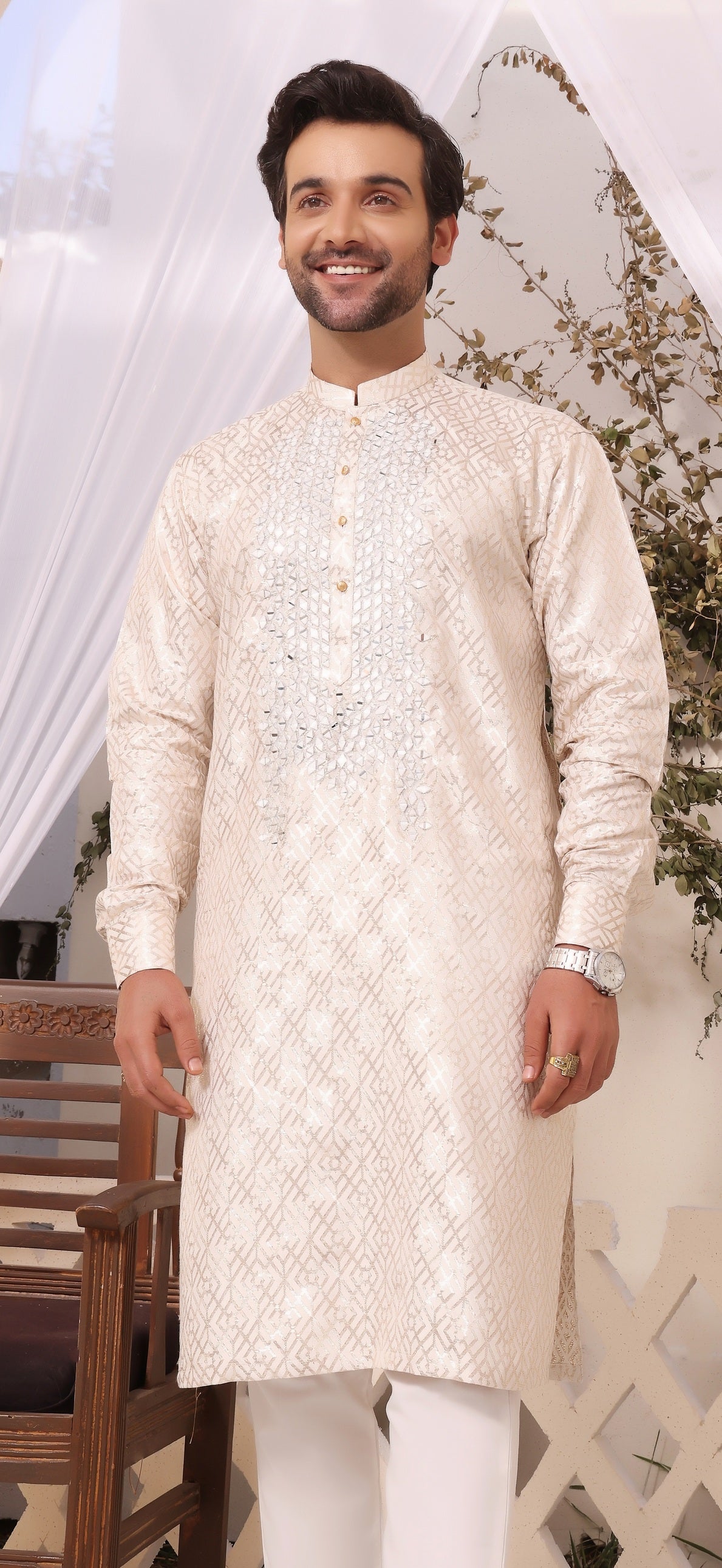 Ivory Matrix Mirror Cotton Silk Kurta Pajama (2-Piece) - Image 7