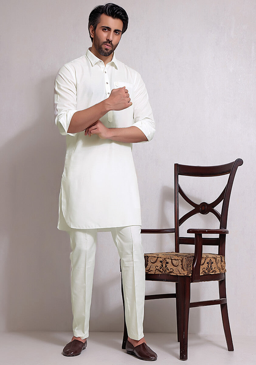 Off-White Cotton Silk Slim Fit Kurta Pajama (2-Piece) - Image 1