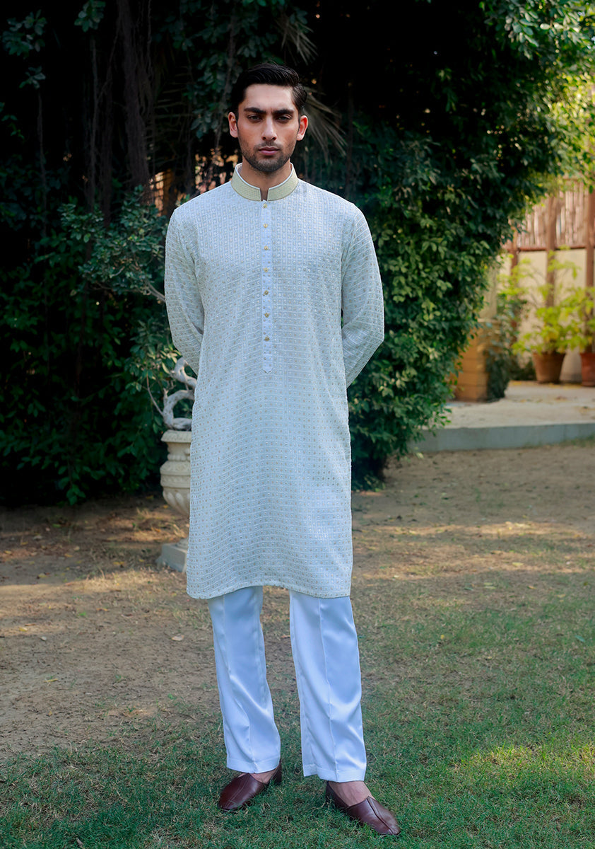 Off-White Textured Cotton-Silk Kurta Pajama (2-Piece) - Image 1