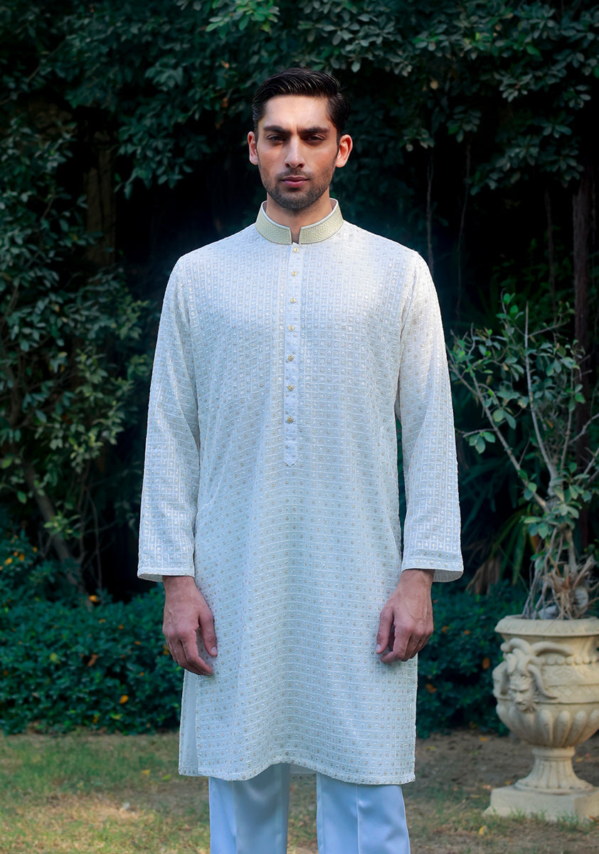 Off-White Textured Cotton-Silk Kurta Pajama (2-Piece) - Image 2
