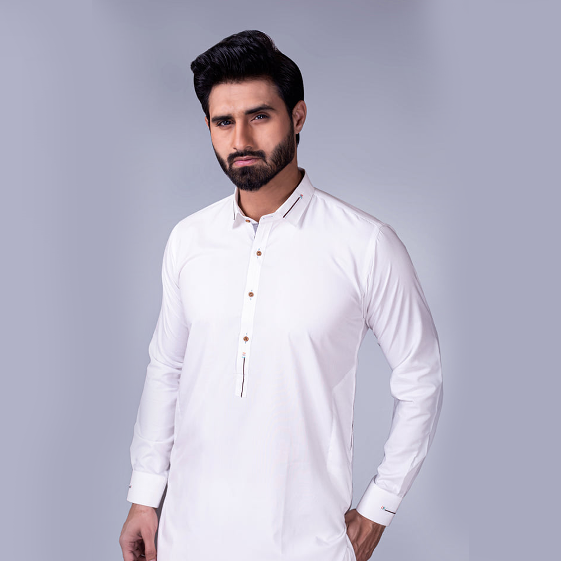 Off White Plain Cotton Kurta Pajama (2-Piece) - Image 2