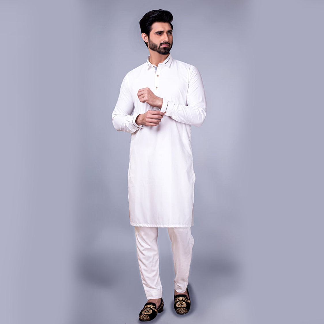 Off White Plain Cotton Kurta Pajama (2-Piece) - Image 3