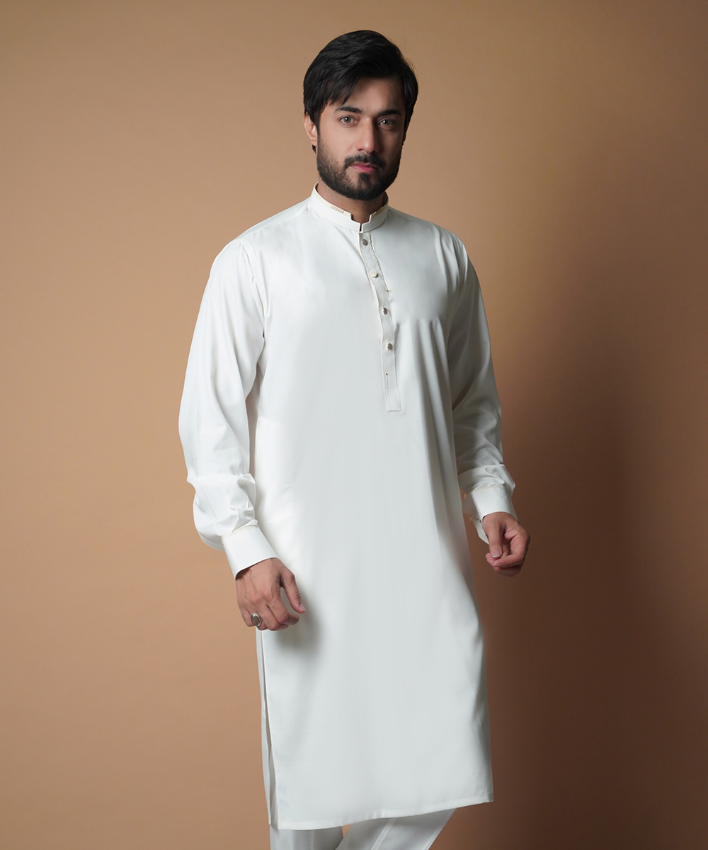 Ivory IronEZ Kurta Pajama with Gold Buttons (2-Piece) - Image 1