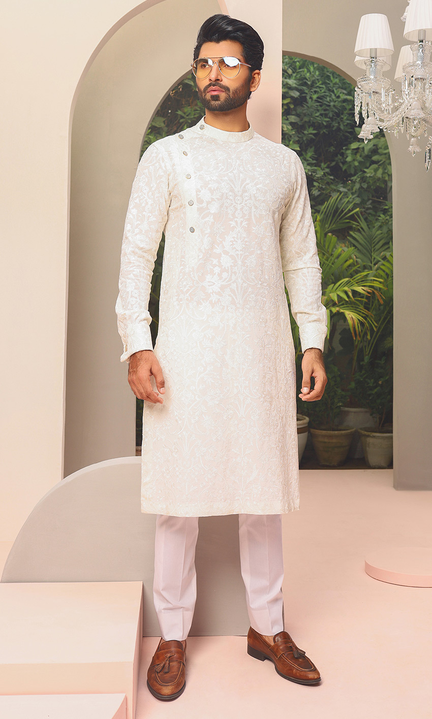 Ivory White Jacquard Kurta Pajama Set (2-Piece) - Image 1