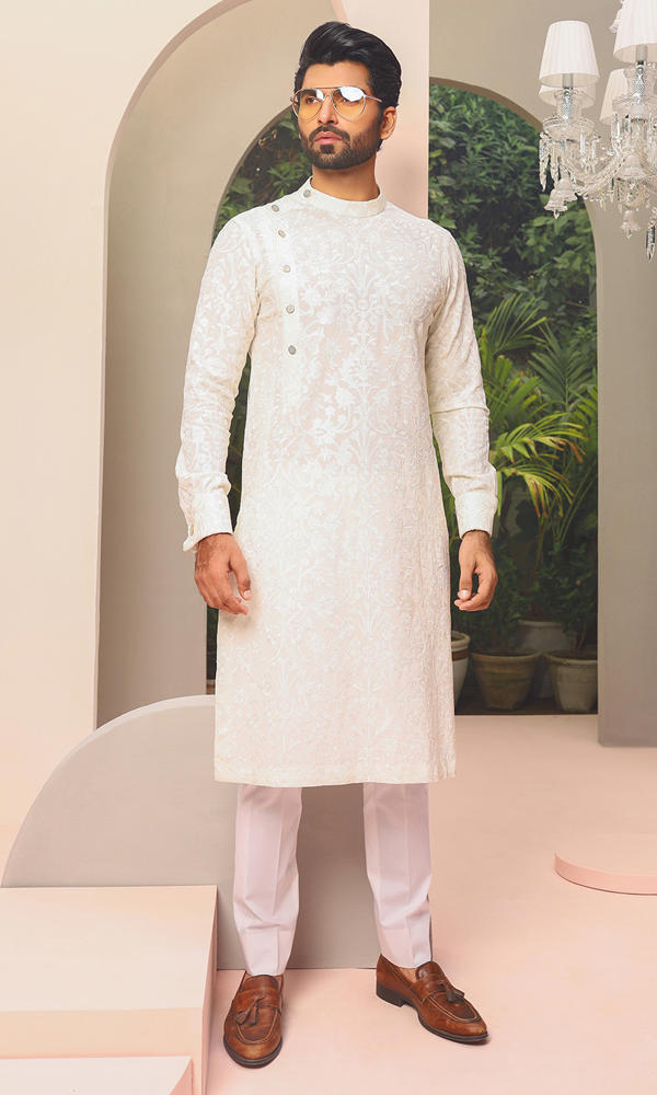 Ivory White Jacquard Kurta Pajama Set (2-Piece) - Image 2