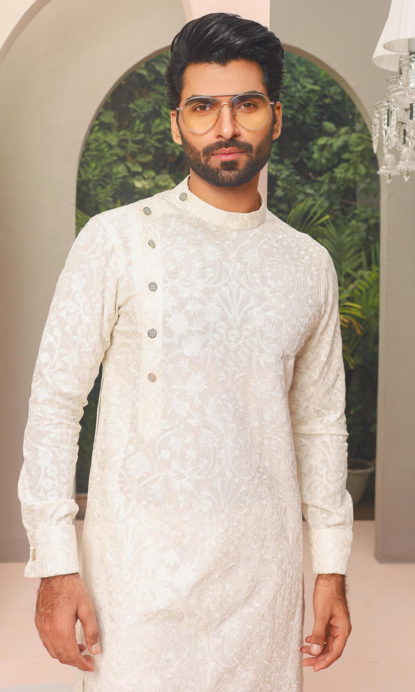 Ivory White Jacquard Kurta Pajama Set (2-Piece) - Image 3