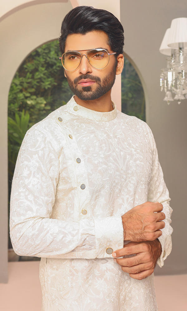 Ivory White Jacquard Kurta Pajama Set (2-Piece) - Image 4