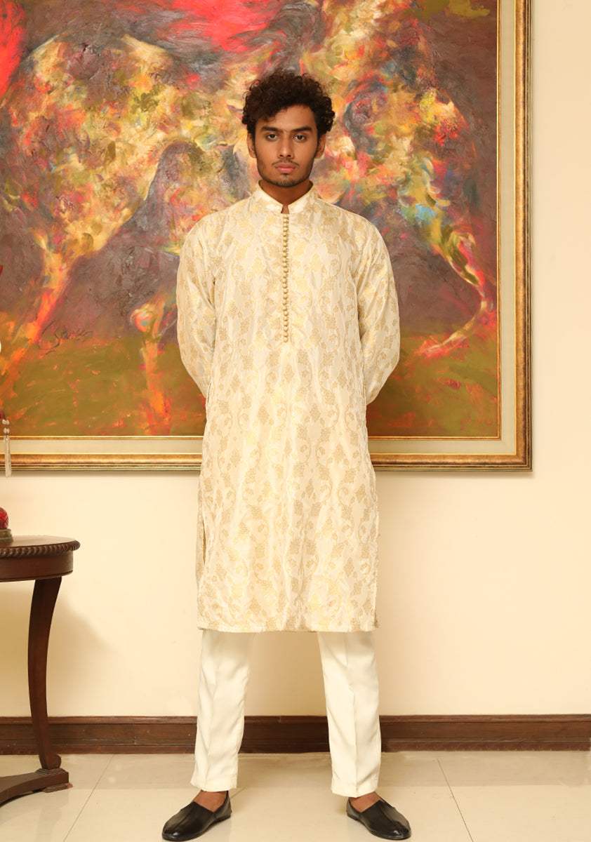 Off-White Woven Jacquard Kurta Pajama (2-Piece) - Image 1