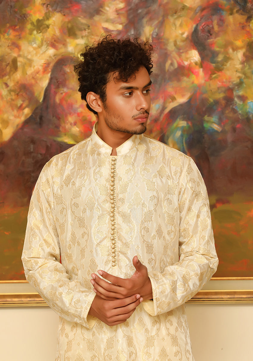 Off-White Woven Jacquard Kurta Pajama (2-Piece) - Image 2