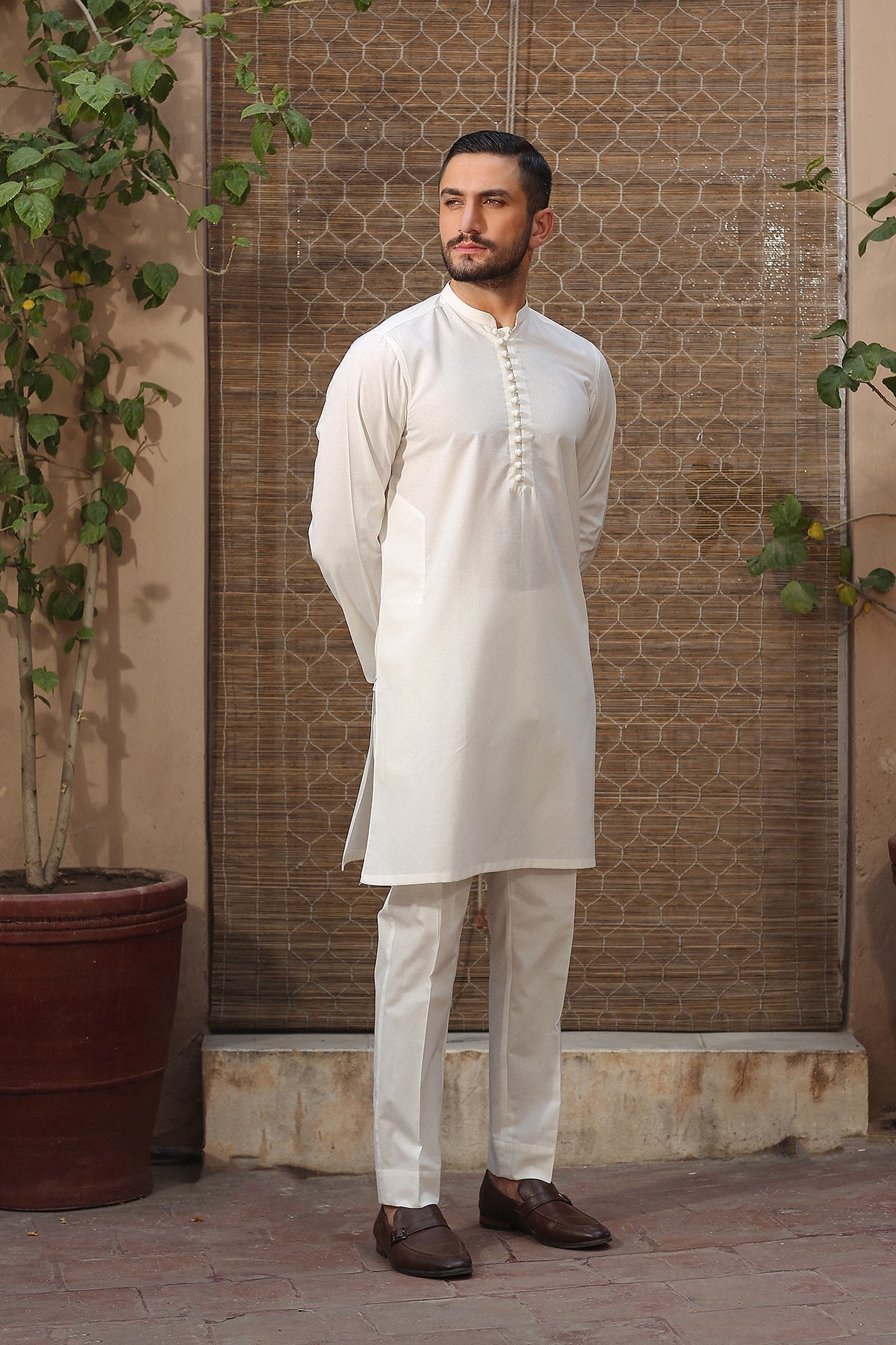 Off-White Handmade Loop Button Karandi Kurta Pajama (2-Piece) - Image 1