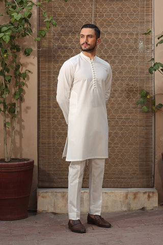 Off-White Handmade Loop Button Karandi Kurta Pajama (2-Piece) - Image 2
