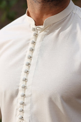 Off-White Handmade Loop Button Karandi Kurta Pajama (2-Piece) - Image 3