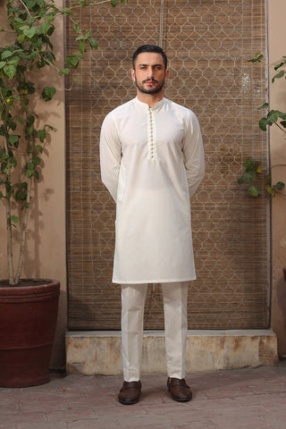 Off-White Handmade Loop Button Karandi Kurta Pajama (2-Piece) - Image 4