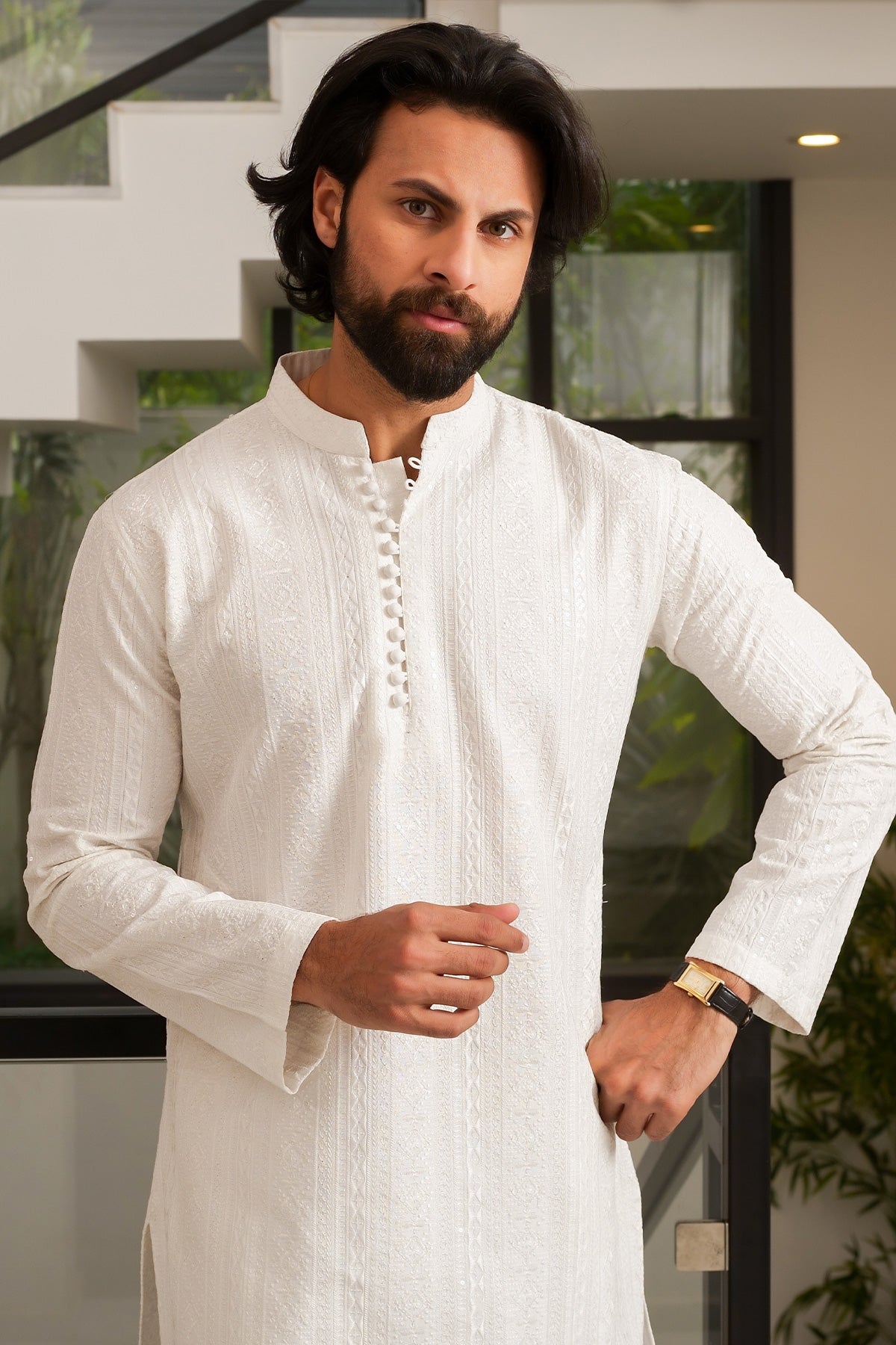 Off White Self-Woven Masoori Kurta Pajama (2-Piece) - Image 2