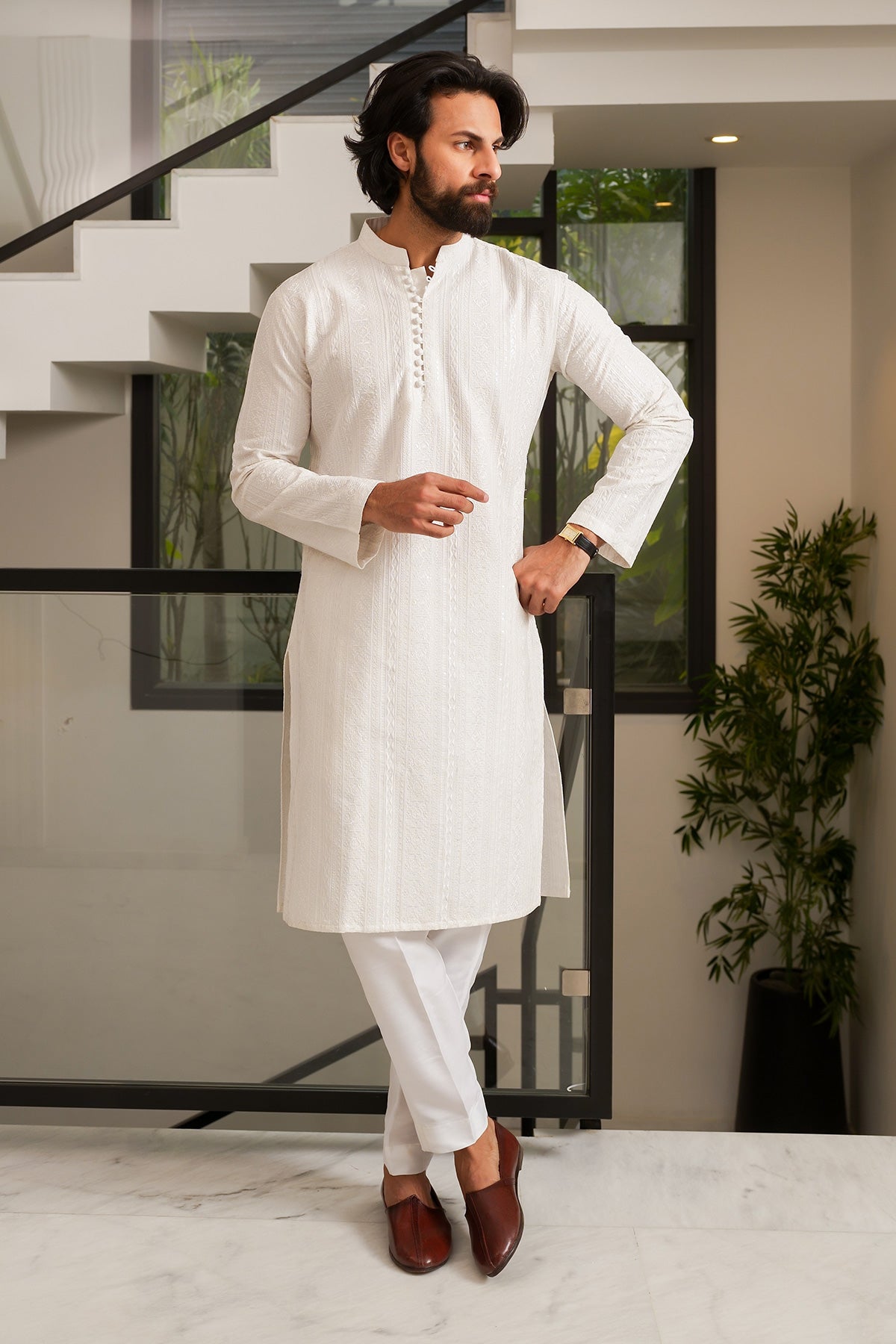 Off White Self-Woven Masoori Kurta Pajama (2-Piece) - Image 3