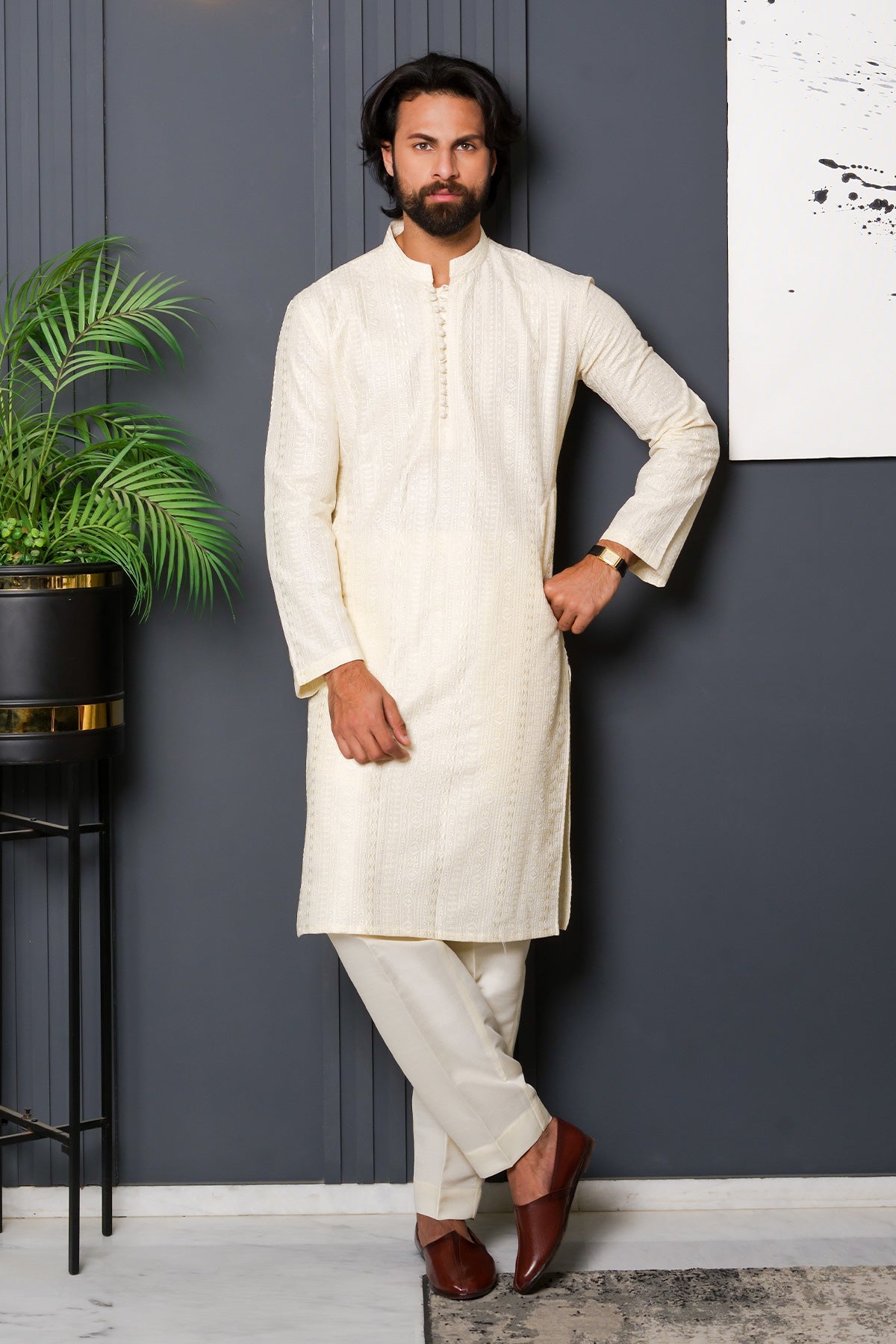 Off White Woven Masoori Kurta Pajama (2-Piece) - Image 1