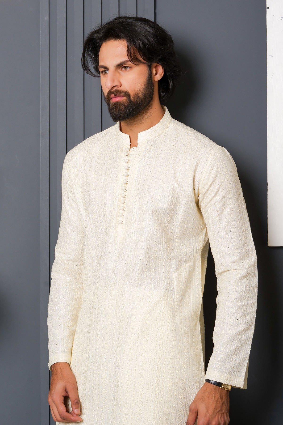 Off White Woven Masoori Kurta Pajama (2-Piece) - Image 2
