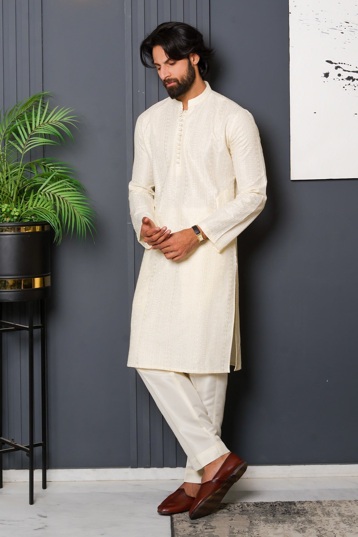 Off White Woven Masoori Kurta Pajama (2-Piece) - Image 3