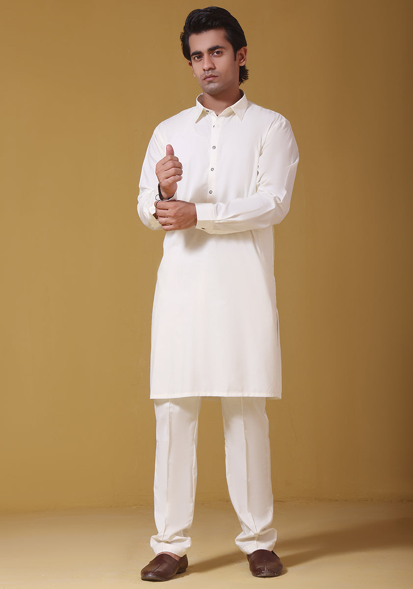 Off-White Poly Viscose Slim Fit Kurta Pajama (2-Piece) - Image 1