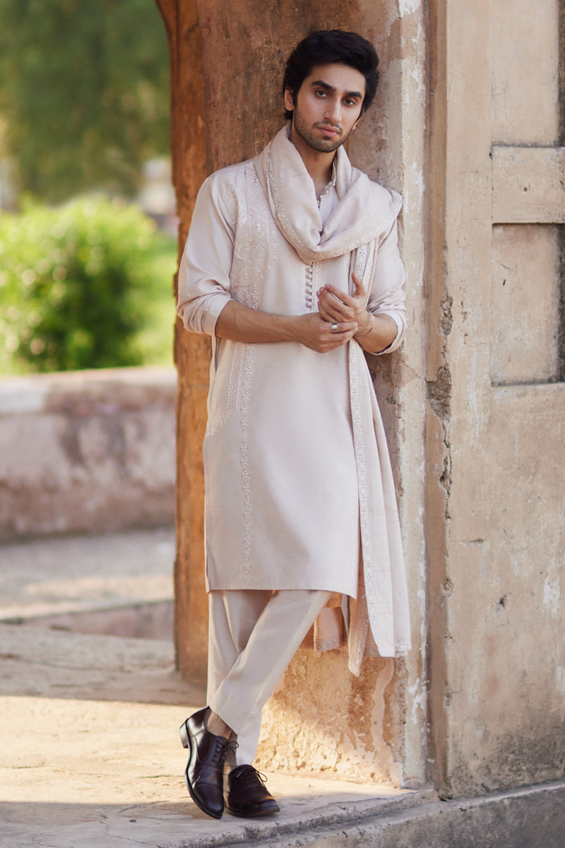 Ivory Embroidered Raw Silk Kurta Set (3-Piece) - Image 2